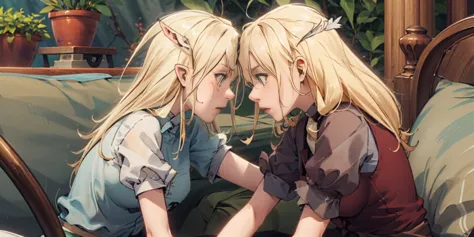 forehead-to-forehead, 2girls, yuri (Elven Forest) and (Bozed Co Palesti)