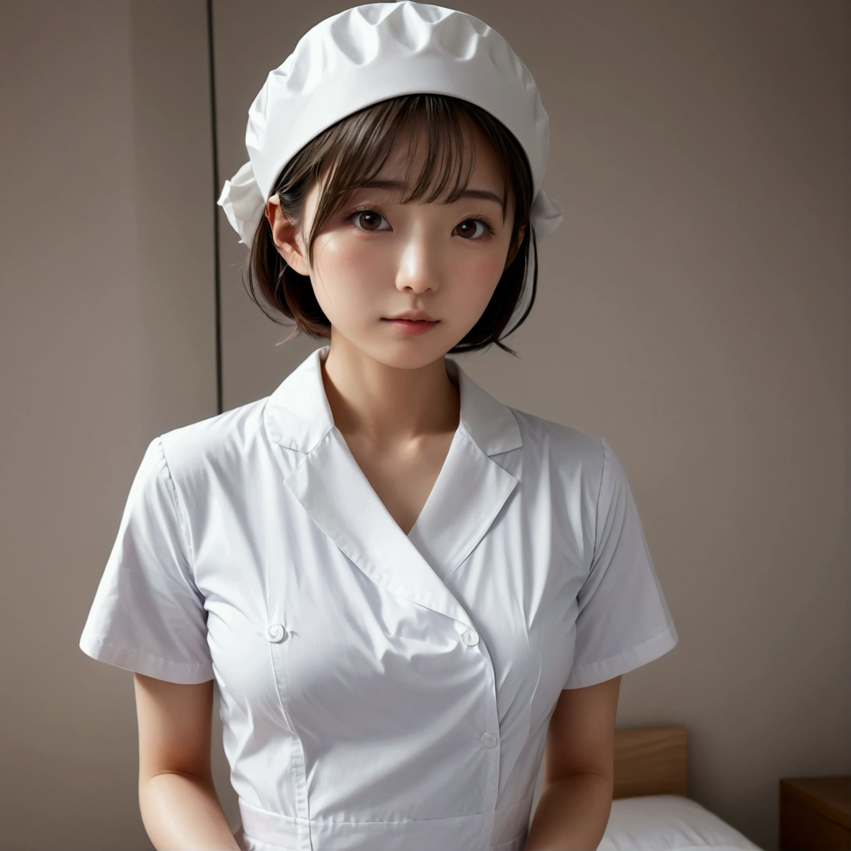 (Highest quality, 8K, 32k, masterpiece, Hmm.:1.2),Beautiful Japanese Women Photos, 1 Girl, (Medium short dark brown hair), (Flat chest like a child 1.2), double eyelid, White nurse uniform, Little white nurse (cap), White shirt, Open shirt, hospital, hospital room, Upper Body, 