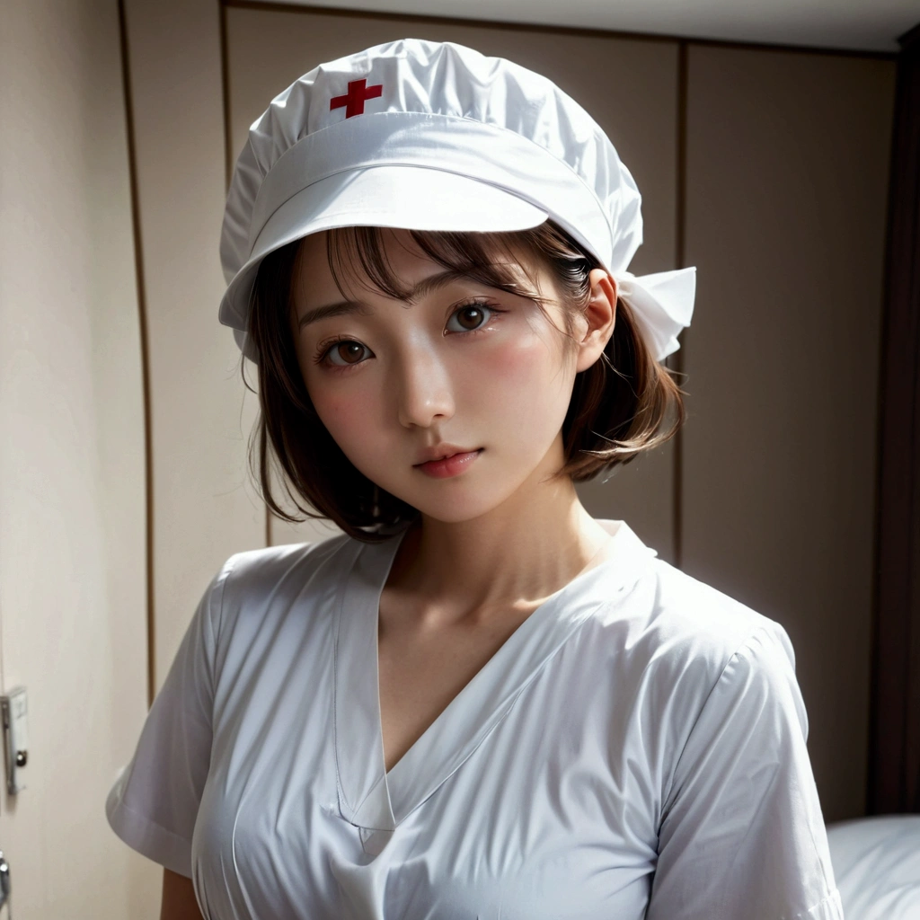 (la plus haute qualité, 8k, 32k, chef-d&#39;œuvre, Hmm.:1.2),Belles photos de femmes japonaises, 1 fille, (Cheveux châtain foncé mi-courts), (Poitrine plate comme un enfant 1.2), double paupière, Uniforme d&#39;infirmière blanc, Petite infirmière blanche (Casquette), chemise blanche, Chemise ouverte, hôpital, hôpital room, Haut du corps, 