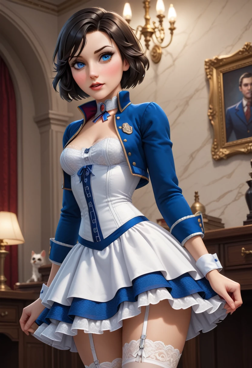 1girl, Elizabeth, bioshock infinite, black hair, short hair, blue eyes, royal blue bolero jacket with white cuffs and a built-up collar hemmed with a delicate white lace and a matching full-length voluminous dress. A white petticoat's lace trim is visible at the bottom of the skirt. Underneath the open jacket is an intricately laced white corset, with black bone casing, giving her an hourglass-shaped waist. intricate detail, very detailed, masterpiece quality, ultra HD, 4K, best quality,