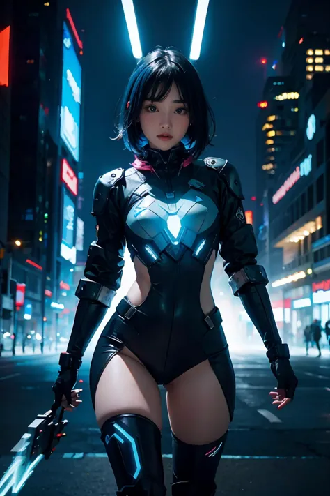 1girl, cyberpunk theme costume, blue light effect, dynamic light effect,