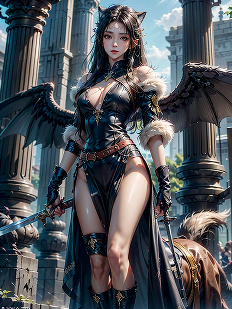 Group scene, young girl in leather and fur clothes with swords and spears riding wolves with wings, in front of them stands a young girl with long black hair, sword in his left hand, fantasy style, anime style 