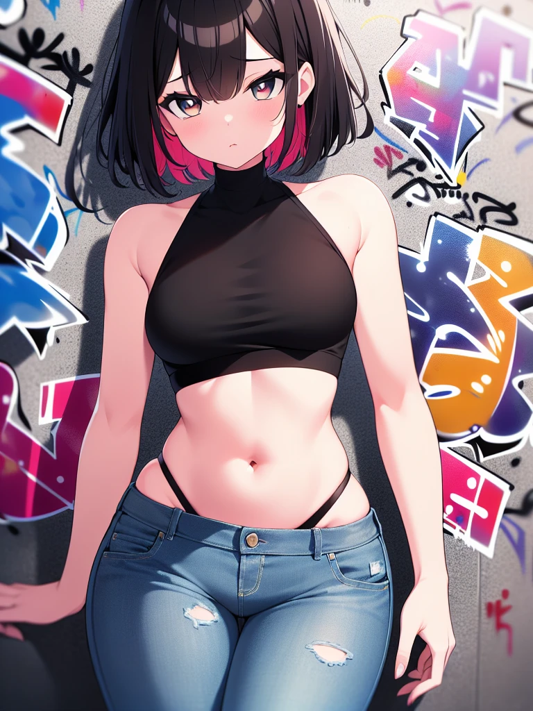 (best quality, ultra-high resolution, depth of field:1.2), 1woman, toned body, black hair, streaked hair, short hair, bangs, medium breasts, black crop top, wide hips, denim jeans, highleg panties, (graffiti:1.4), paint stained clothes, slouching, against the wall, upturned eyes, head tilt, expressionless