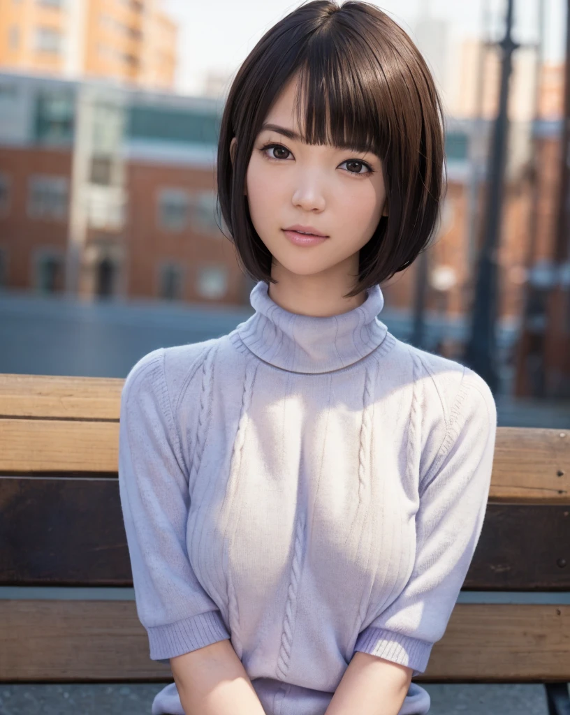 pureerosface_v1:0.3, best quality, photorealistic, 8k, high res, full color, 1girl, woman, 20 years old woman, (skindentation), (portrait:0.6), trees, park bench, daylight, ((park background:1.52)), full color, ((necksweater:1.68)), looking at viewer:1.8, (1girl eyes looking at viewer:1.55), (short-length hair, brownhair, partedbangs:1.45), (bokeh), 