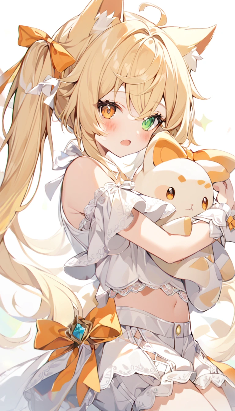 The fox girl,1girl, animal ears, bangs, bare shoulders, blonde hair, blush, bow, breasts, white cleavage, cropped torso, , green eyes, hair ribbon, heterochromia, holding, holding stuffed toy, looking at viewer, open mouth, orange bow, orange eyes, orange ribbon,  ribbon, solo, stuffed animal, , , twintails, upper body, full-length, white legbands, white shoes with lace and white bows, white background, wrist cuffs, yellow eyes, bloomers, close-up, fair skin frills, lace, midriff, skirt, solo, , white background,shorts, white top with ribbon and lace and trousers,trousers, genshin,white slippers with a bow,All clothes are white, laceAt full height, it stands