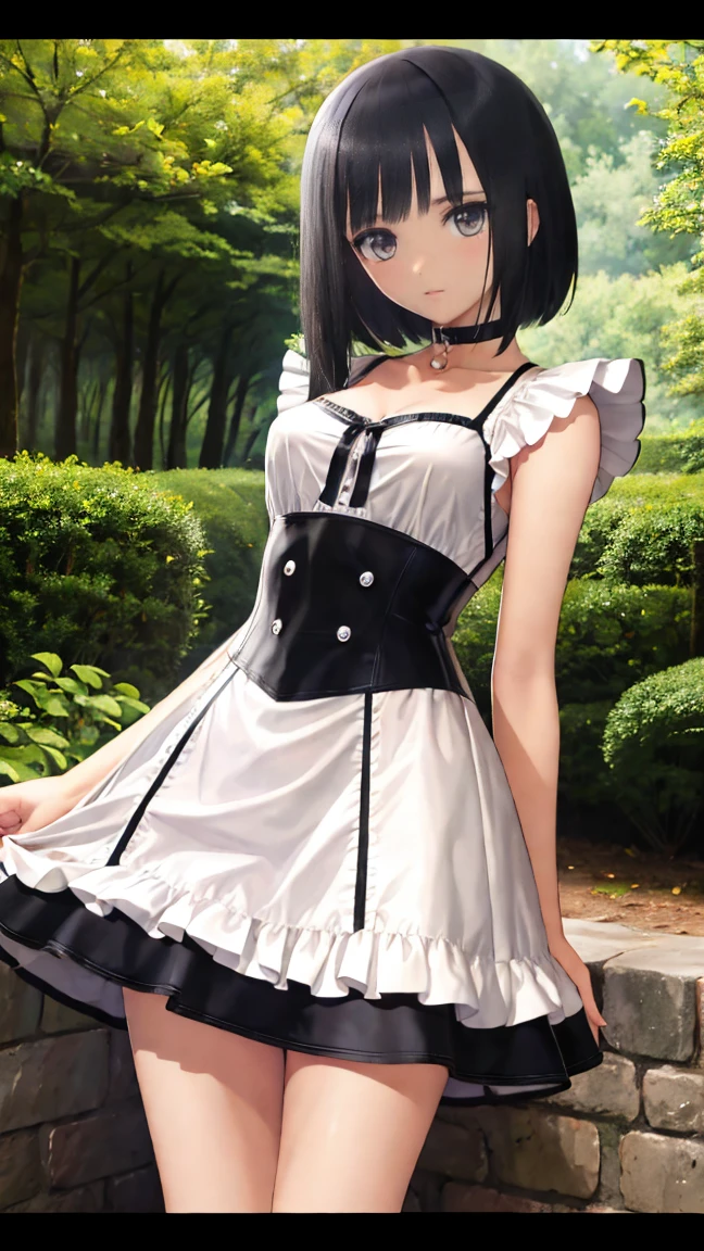 4K,Highest quality, Very detailed,masterpiece,anime, Ultra-high resolution,If you look closely at the eyes, Best illustrations, Very condensed one girl, （Very delicate and cute face）,Small breasts,Black Hair，（（Medium Hair））,Hair is about shoulder length,（（Elegant Dresses））,Leather fabric,（choker）,,（Purple eyes）,,（Above the knee length skirt）,,,My age is 17,(palace)，（In a beautiful forest）,lake,Waterfront
