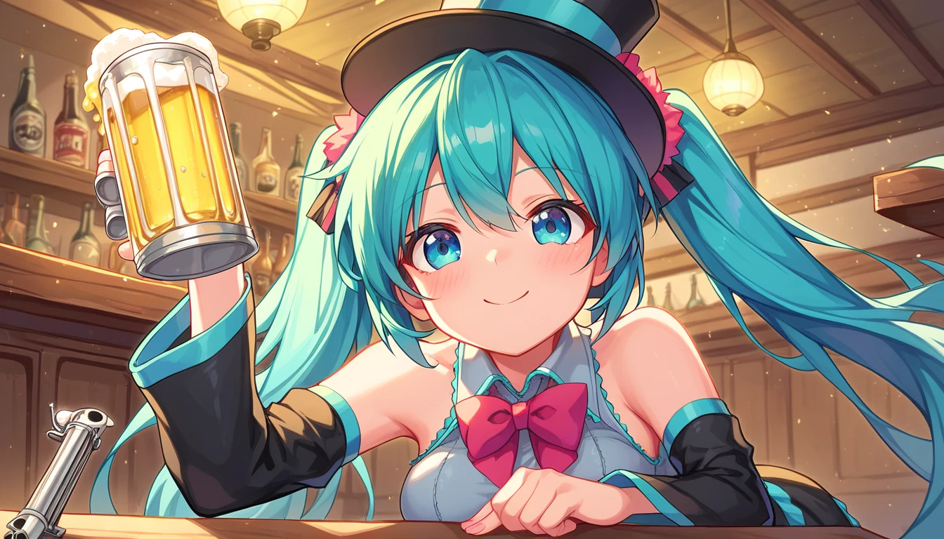 ((1girls:1.3)), ((moe style:1.3)), ((beer:1.3)), ((saloon:1.3)), monocle, ((top hat:1.3)),((revolver:1.3)), hatsune miku, thinking, ((perfect face)), ((extremely cute:1.3)), ((masterpiece:1.3)), ((8k)), ((best quality:1.3)), ((beautiful)), ((extremely detailed:1.3)) , ((absurdres)), AddXL, ((score_9:1.3)), ((score_8_up:1.3)), ((score_7_up:1.3)), Expressiveh 