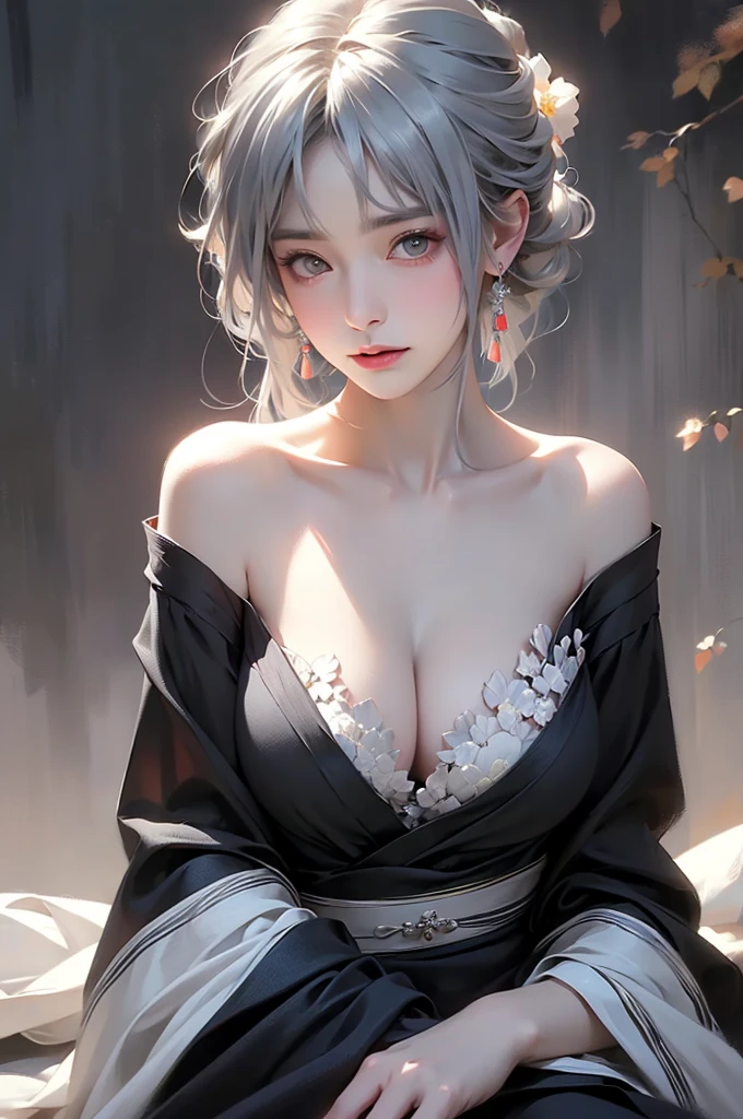 super high quality, masterpiece, Perfect illustration, Very detailed (Exquisite light and shadow, Very dramatic photo,Backlight) , ((Gray Hair:1.5))1 Girl,(( alone:1.6)), (Wearing Japanese clothes, Black and white kimono,Monotony,Long sleeve) Flower Field, Flowers, (White smoke:1.3) (Realistic:1.4), Zen Intertwining, Tangled, Official Art, unity 8k wallpaper, Very detailed, Beautiful and beautiful, masterpiece, Highest quality, (Dynamic Angle: 1.4), Glowing Skin, (Floating colorful flashes: 1) The most beautiful chaotic shapes, elegant, Brutalist Design, Bright colors, Romantic Depth of Field Exotic_dance, half_naked、Expose your shoulders、Ample breasts、Great cleavage、(from forward)
