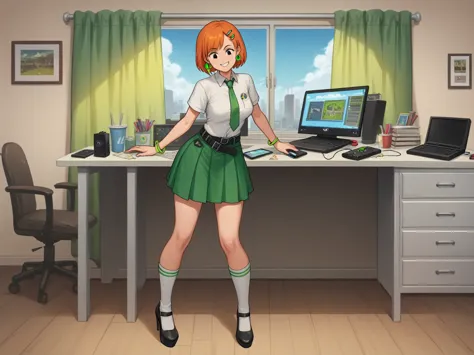 score_8_up, score_7_up, break, screencap, 1girl, solo, orange hair, teenage, short hair, green hairband, green hairclips, black ...