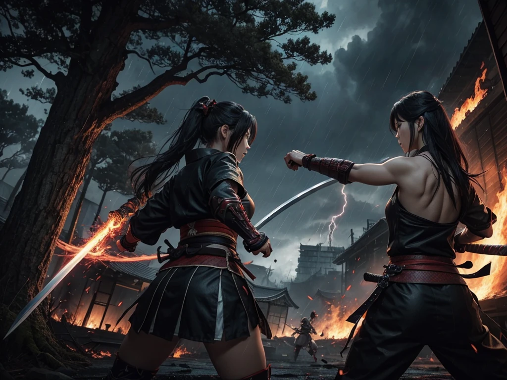 Anime Female  muscular samurai
fight scene with massive monster
 dark  fire burning buildings 
black and grey dark 
blood slashing  bleeding 
fire sword
lightning rain
woods trees 