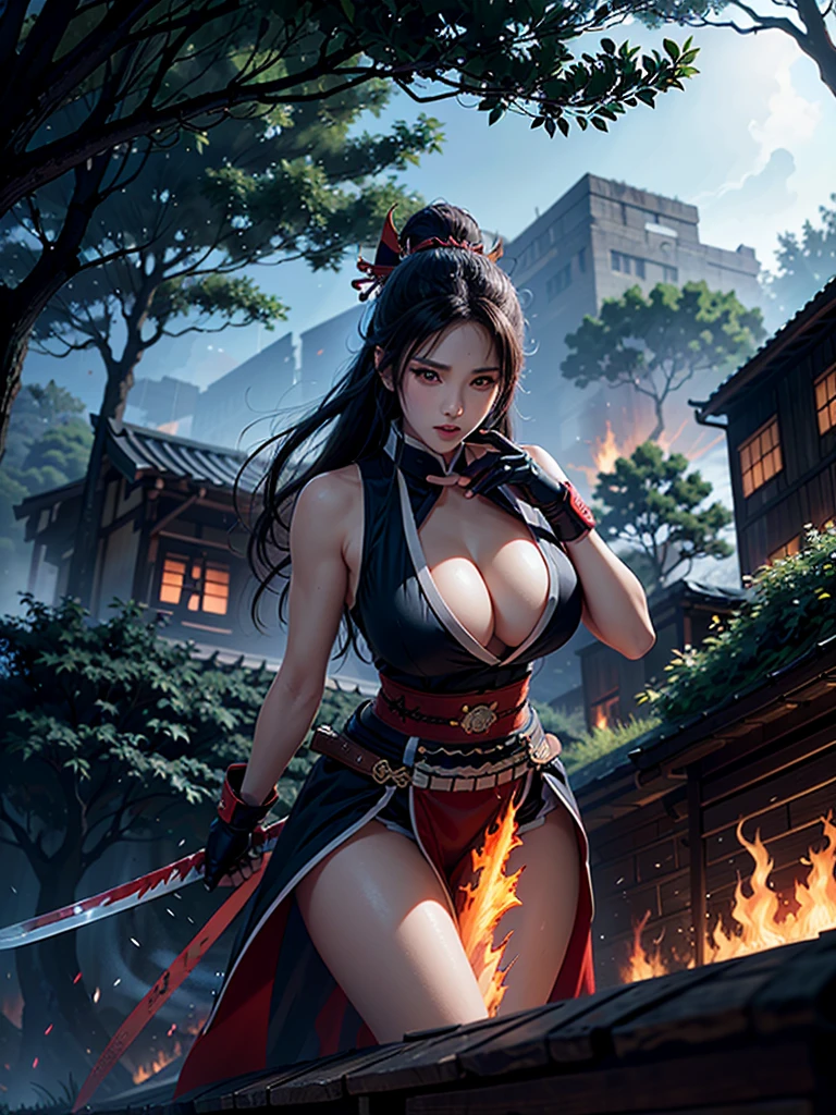 Anime Female  muscular samurai
fight scene with massive monster
 dark  fire burning buildings 
black and grey dark 
blood slashing  bleeding 
fire sword
lightning rain
woods trees 