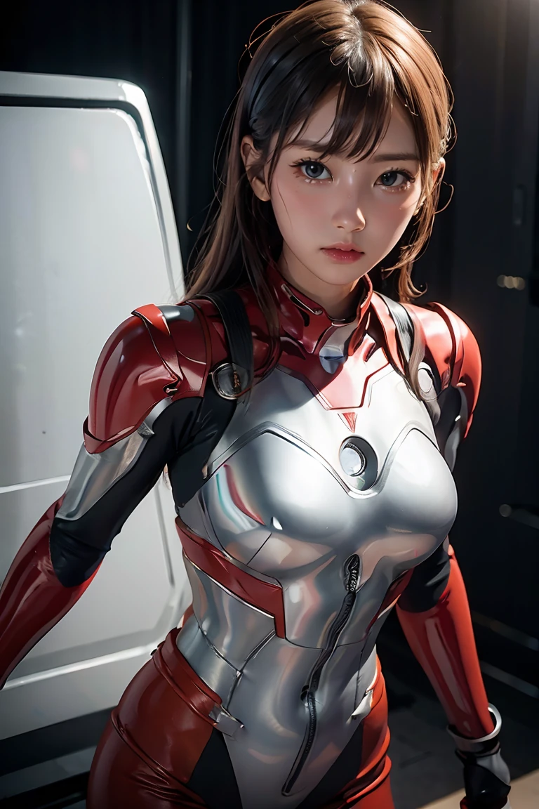 Ultraman、realistic、realistic、cinematic lighting, Girl in a shiny red and silver suit、15 years old、professional photos、Don&#39;Do not expose your skin, japanese model, japanese cgi、Ultraman Suit、, Power Rangers Suit、tight and thin cyber suit,Whole body rubbery、There&#39;s pink There、 delicate body, big breasts、small ass、thin thighs、thin arms、thin waist、camel toe、Both sides of the cyber suit stick to the skin、Big eyes、black short hair、facing the front、facing the front立っている、A glowing sphere is embedded in the chest.、Essay Examination、 blue sky background