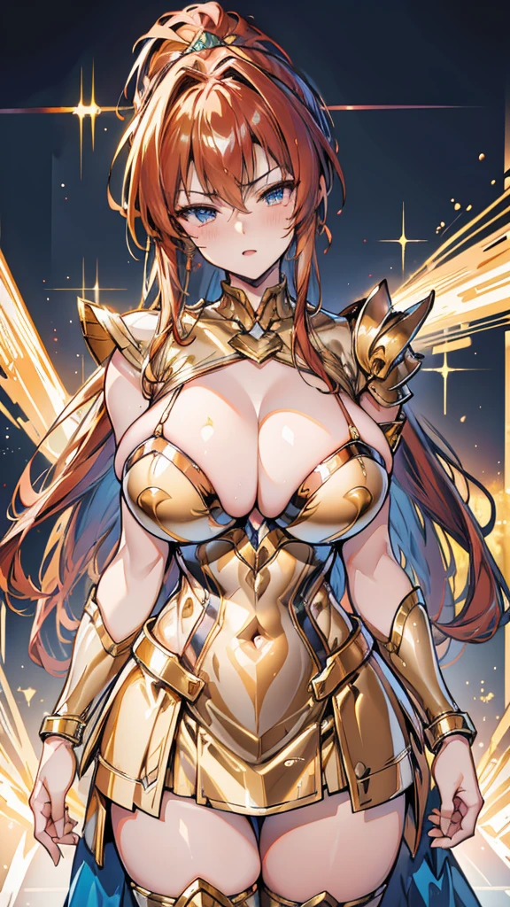 Gold Armor, 4K image, rallies, best quality, masterpiece, movie lighting ，Sexy，Large Breasts，Cleavage，action，In battle，cleavage，anger，noble，Light beams from hands，Golden lightning all around，red hair，ponytail hairstyle，Saint Seiya Leo Aiolia，Wink，lipstick