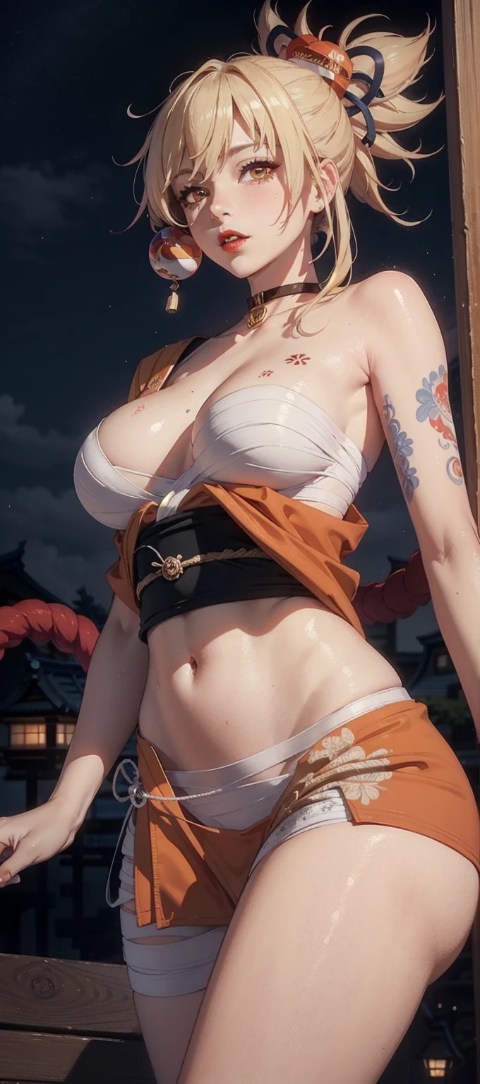 ((masterpiece)),(bestquality),((ultra-detailed)), ((beautiful detailed sky)), ((cinematic lighting)), depth of field, (dynamic angle),detailed lighting,(beautiful detailed eyes), ((japan night view)),red lip, eyeshadow,large breast, (erotic), ((sexy)), cleavage, navel, exposed armpits, (yoimiyadef, yoimiyarnd)