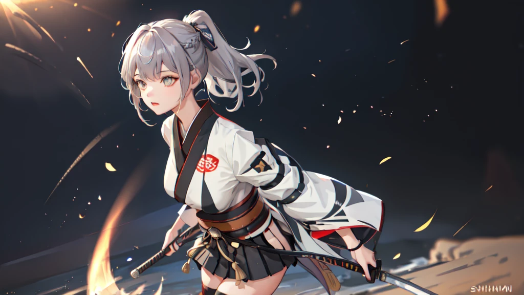 One girl, kimono, ponytail ,Gray Hair, Grey Eyes, wallpaper, landscape, Depth of written boundary, night,Shinsengumi, Kyoto, Holding a Japanese sword in his right hand, Striped pattern, Particles of light, light, Side Lighting, Thighs, destiny \(series\), Genshin Impact, Open jacket, skirt, Knee socks, cloud,
