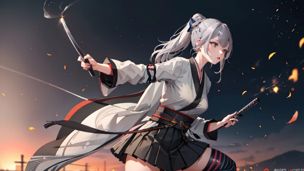 One girl, kimono, ponytail ,Gray Hair, Grey Eyes, wallpaper, landscape, Depth of written boundary, night,Shinsengumi, Kyoto, Holding a Japanese sword in his right hand, Striped pattern, Particles of light, light, Side Lighting, Thighs, destiny \(series\), Genshin Impact, Open jacket, skirt, Knee socks, cloud,
