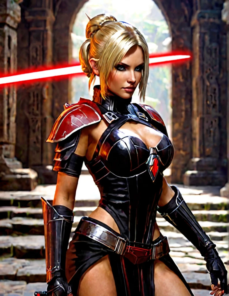 Une femme aux cheveux longs blonde, seule,  sinnliches Aussehen, seigneur sith, inspiriert von Star Wars Old Republic, in schwarzer Körperpanzerung, Ein Spaziergang durch die Ruinen eines dunklen Koriban-Sith-Tempels, sabre laser rouge en main, hat ein starkes Aussehen, goldene Augen, ein sanftes und autoritäres Gesicht , anmutiger Gang, courbes parfaite pour le corps en sablier, hanche ronde en forme de coeur.