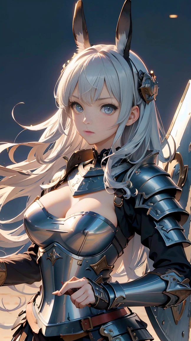 anime style, masterpiece, accurate, textured skin, high quality, best quality, highres, high details, super detail, rabbit ears, silver hair, bangs, perfect eyes, cleavage, soft light, high quality, 4k resolution, (Western knight with sword and shield), (steel armor), war, be covered in blood