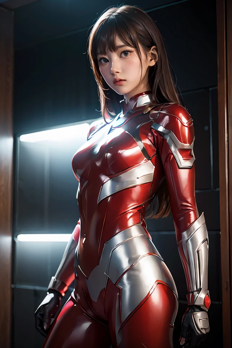 Ultraman、realistic、realistic、cinematic lighting, Girl in a shiny red and silver suit、15 years old、professional photos、Don&#39;Do not expose your skin, japanese model, japanese cgi、Ultraman Suit、, Power Rangers Suit、tight and thin cyber suit,Whole body rubbery、There&#39;s pink There、 delicate body, big breasts、small ass、thin thighs、thin arms、thin waist、camel toe、Both sides of the cyber suit stick to the skin、Big eyes、black short hair、facing the front、facing the front立っている、A glowing sphere is embedded in the chest.、Essay Examination、 blue sky background