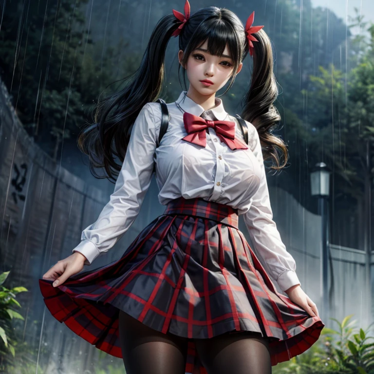 LingX,black hair,twintails,brown eyes,hair ornament, pantyhose (insanely detailed, masterpiece, best quality),solo, steam , rain , plaid skirt , pleated skirt , Tight shirt , white Shirt , school girl , red bow , red knot ,