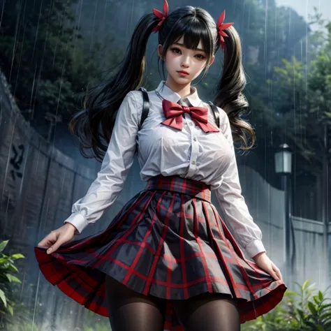 LingX,black hair,twintails,brown eyes,hair ornament, pantyhose (insanely detailed, masterpiece, best quality),solo, steam , rain...