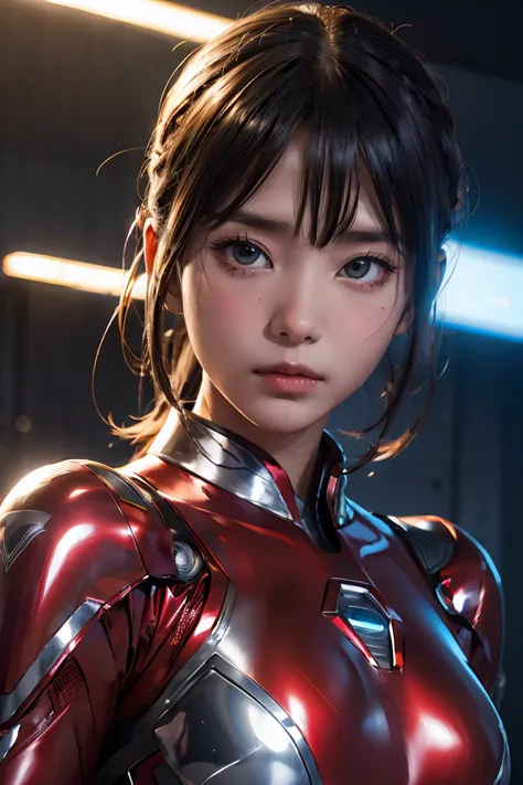 ultraman、realistic、realistic、cinematic lighting, girl in a shiny red and silver suit、15 years old、professional photos、don&#39;do...