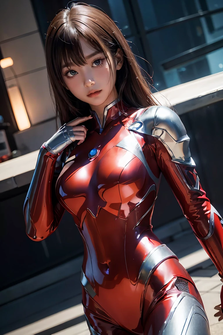 Ultraman、realistic、realistic、cinematic lighting, Girl in a shiny red and silver suit、15 years old、professional photos、Don&#39;Do not expose your skin, japanese model, japanese cgi、Ultraman Suit、, Power Rangers Suit、tight and thin cyber suit,Whole body rubbery、There&#39;s pink There、 delicate body, big breasts、small ass、thin thighs、thin arms、thin waist、camel toe、Both sides of the cyber suit stick to the skin、Big eyes、black short hair、facing the front、facing the front立っている、A glowing sphere is embedded in the chest.、Essay Examination、 blue sky background