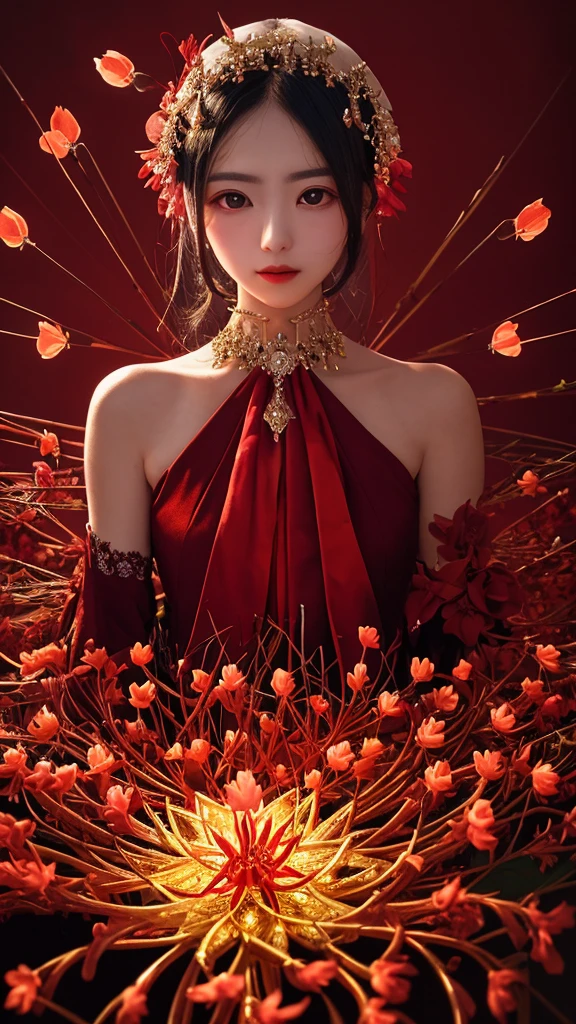 ((detailed)), ((masterpiece)), ((best quality)), (Exquisite), (Enchanting), (Elegant), (Lycoris radiata), Flower, Conceptual, Non-figurative, Controlled illumination, Photography lighting, Controlled light, Distant subjects, Extreme reach,