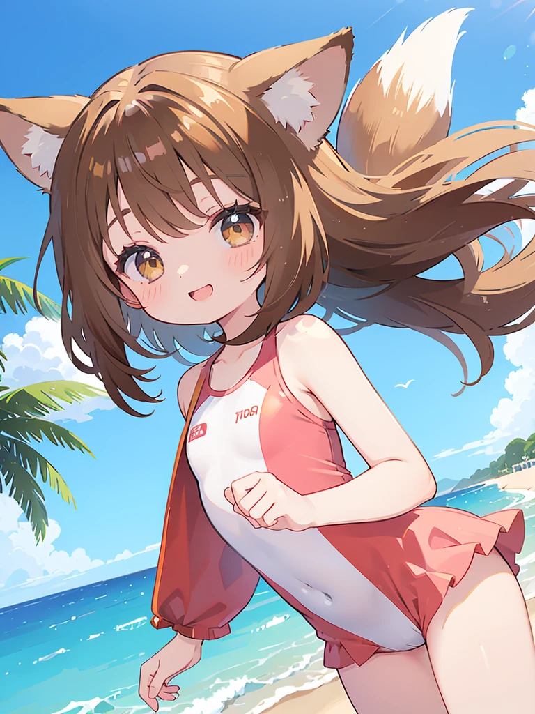 Une jolie petite fille d&#39;anime lowteen, cheveux courts bruns ondulés, photo d&#39;identité, Style animé, De grands yeux marron brillants, oreilles de renard, , été, maillots de bain,Bord de mer,sourire