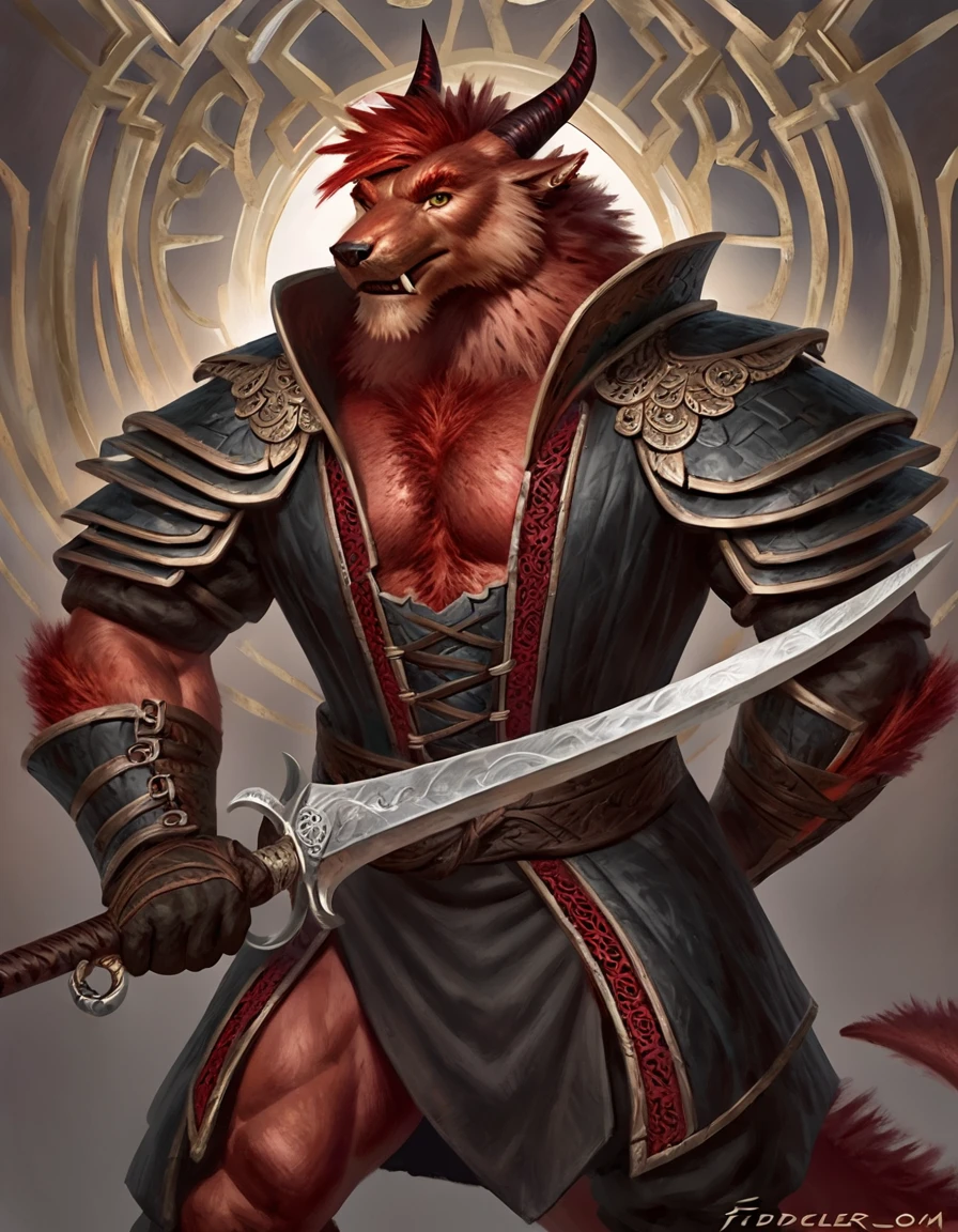 Anthropomorphic dragon boasts a "soft beefy" physique. The "soft" aspect of his physique is achieved through a meticulous distribution of muscle and fat that creates a sense of comfort and approachability. skin is a rich, deep black, with a subtle shimmer that hints at his hidden nobility. His eyes are a piercing shade of Imperial red, framed by thick eyebrows that arch over them in a constant state of curiosity. His attire, a black gambeson padded overcoat vestment with striking red salmon accents and intricate silver metal ornaments, is both functional and symbolic. The gambeson, a padded garment, is tailored to allow for a full range of motion, emphasizing his agility despite his size. The armor's design is meticulously crafted, with each detail serving a purpose. The imperial red accents trace the contours of his muscles, highlighting his physical power and determination. The silver metal ornaments are strategically placed to protect vital areas while also enhancing his aesthetic appeal. Leox's fur is predominantly black with salmon red-colored highlights. The fur on his torso and limbs is dense yet well-managed, giving him a sleek and powerful look. His chest hair is kept at a moderate length, framing his broad pectoral muscles. Large axe like fangs. Wield a slashing blade in a rapier-like's hilt. Ox guard stance pose. Detailed illumination, shadows and details in all the art. Highly inspired Taran Fiddler art Style