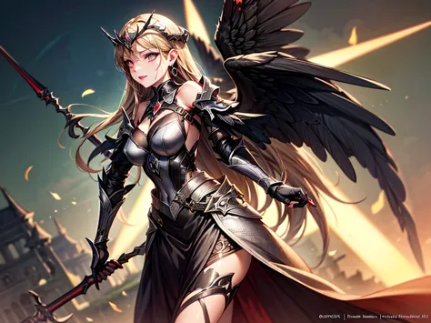 In the middle of the burning battlefield filled with broken swords and dead sodiers stand beatiful female fallen angel with blac...