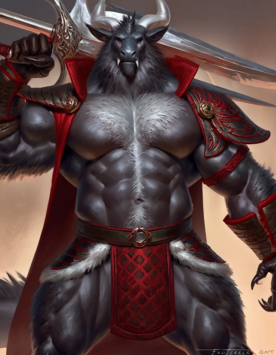 Anthropomorphic dragon boasts a "soft beefy" physique. The "soft" aspect of his physique is achieved through a meticulous distribution of muscle and fat that creates a sense of comfort and approachability. skin is a rich, deep black, with a subtle shimmer that hints at his hidden nobility. His eyes are a piercing shade of Imperial red, framed by thick eyebrows that arch over them in a constant state of curiosity. His attire, a black gambeson padded overcoat vestment with striking red salmon accents and intricate silver metal ornaments, is both functional and symbolic. The gambeson, a padded garment, is tailored to allow for a full range of motion, emphasizing his agility despite his size. The armor's design is meticulously crafted, with each detail serving a purpose. The imperial red accents trace the contours of his muscles, highlighting his physical power and determination. The silver metal ornaments are strategically placed to protect vital areas while also enhancing his aesthetic appeal. Leox's fur is predominantly black with salmon red-colored highlights. The fur on his torso and limbs is dense yet well-managed, giving him a sleek and powerful look. His chest hair is kept at a moderate length, framing his broad pectoral muscles. Large axe like fangs. Wield a slashing blade in a rapier-like's hilt. Ox guard stance pose. Detailed illumination, shadows and details in all the art. Highly inspired Taran Fiddler art Style