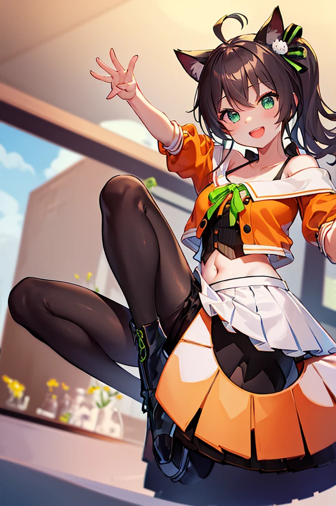 Hololive、masterpiece、Highest quality、High resolution、Super detailed、Amatsuri、Medium Hair、Side Ponytail、Ahoge、Hair between the eyes、bangs、Cat hair accessories、Black Ribbon、Neck ribbon、Green ribbon、Cropped jacket、(Orange Jacket:1.2)、Off-the-shoulder jacket、(Short sleeve:1.2)、(Halter neck:1.2)、(camisole:1.2)、黒camisole、Pinstripe pattern、belly button、White Skirt、Side slits、(pantyhose:1.2)、(黒pantyhose:1.2)、boots、White footwear、Outdoor、Are standing、smile、cherry blossoms、Cowboy Shot、Waving、Arms at your sides、