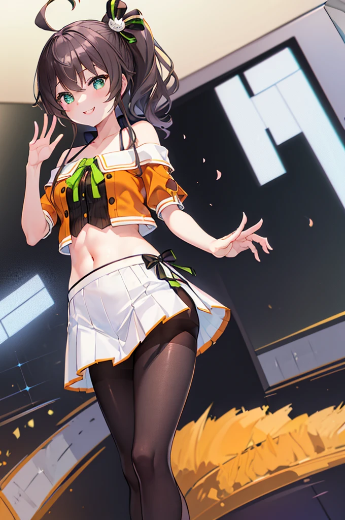 Hololive、masterpiece、Highest quality、High resolution、Super detailed、Amatsuri、Medium Hair、Side Ponytail、Ahoge、Hair between the eyes、bangs、Cat hair accessories、Black Ribbon、Neck ribbon、Green ribbon、Cropped jacket、(Orange Jacket:1.2)、Off-the-shoulder jacket、(Short sleeve:1.2)、(Halter neck:1.2)、(camisole:1.2)、黒camisole、Pinstripe pattern、belly button、White Skirt、Side slits、(pantyhose:1.2)、(黒pantyhose:1.2)、boots、White footwear、Outdoor、Are standing、smile、cherry blossoms、Cowboy Shot、Waving、Arms at your sides、