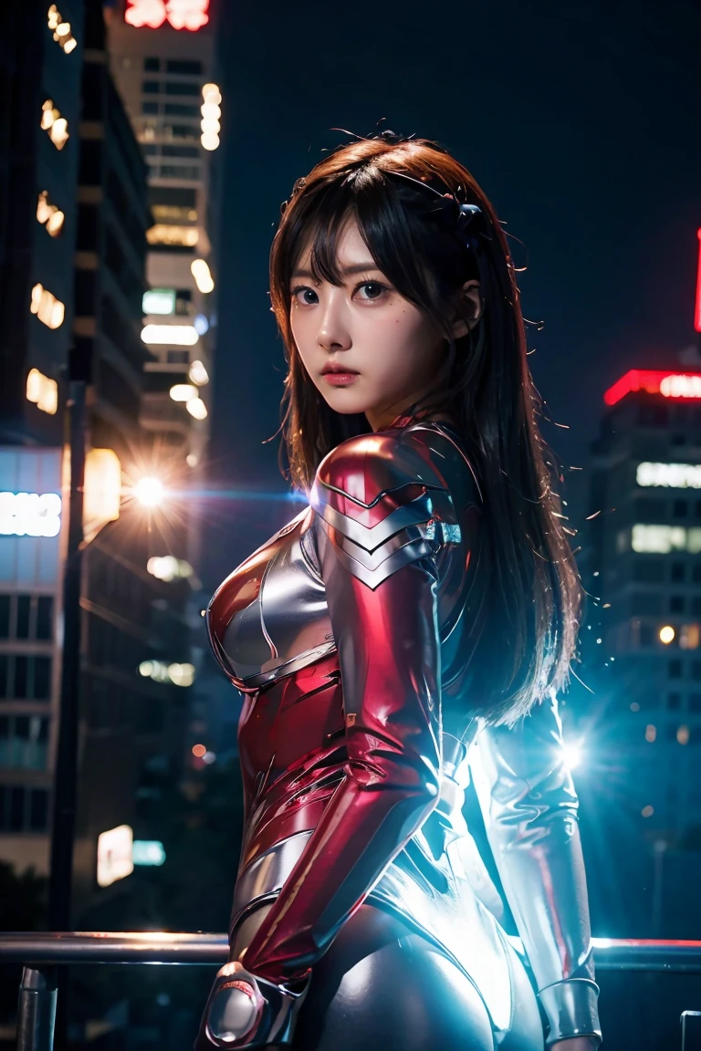 Ultraman、realistic、realistic、cinematic lighting, Girl in a shiny red and silver suit、15 years old、professional photos、Don&#39;Do not expose your skin, japanese model, japanese cgi、Ultraman Suit、, Power Rangers Suit、tight and thin cyber suit,Whole body rubbery、There&#39;s pink There、 delicate body, big breasts、small ass、thin thighs、thin arms、thin waist、camel toe、Both sides of the cyber suit stick to the skin、Big eyes、black short hair、facing the front、facing the front立っている、A glowing sphere is embedded in the chest.、Essay Examination、 blue sky background