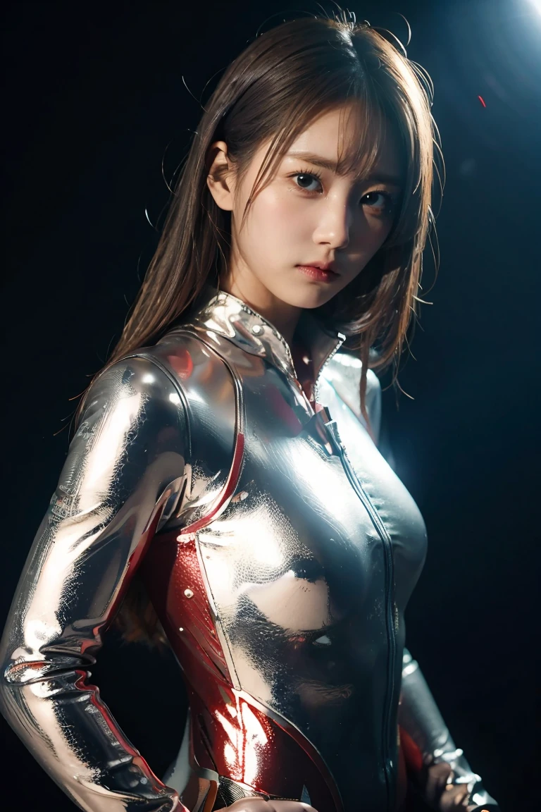 Ultraman、realistic、realistic、cinematic lighting, Girl in a shiny red and silver suit、15 years old、professional photos、Don&#39;Do not expose your skin, japanese model, japanese cgi、Ultraman Suit、, Power Rangers Suit、tight and thin cyber suit,Whole body rubbery、There&#39;s pink There、 delicate body, big breasts、small ass、thin thighs、thin arms、thin waist、camel toe、Both sides of the cyber suit stick to the skin、Big eyes、black short hair、facing the front、facing the front立っている、A glowing sphere is embedded in the chest.、Essay Examination、 blue sky background