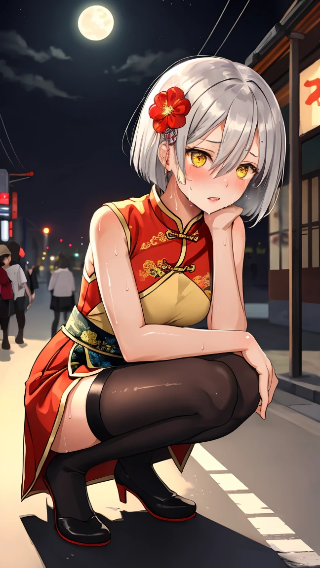 Young girl 14 years old, short silver bob hair, hair flower, sharp bangs between the eyes, yellow  eyes, eyes large, traditional chinese imperial clothes black with gold details, red skirt, black thigh high socks. lateral view, fully body, crouched on the street of a Japanese city, at night, with full moon in the background, light reflecting on the sexy and sweaty body. (((sweat)))