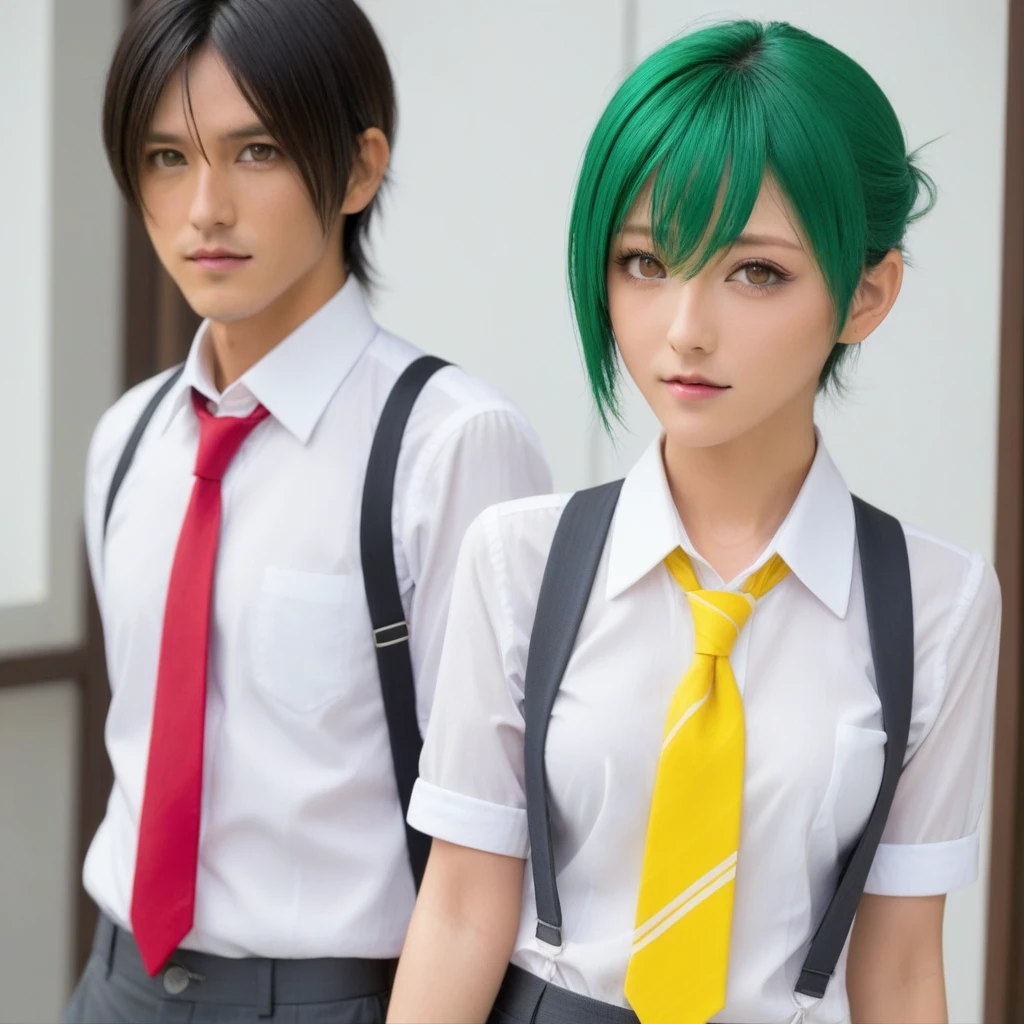 late,  Mating press, 1 woman, 1st son, sex, penis, vaginal, balls, ~am, behind, Mion Sonozaki, green hair, green eyes, ponytail, white shirt, red tie, Yellow vest, 