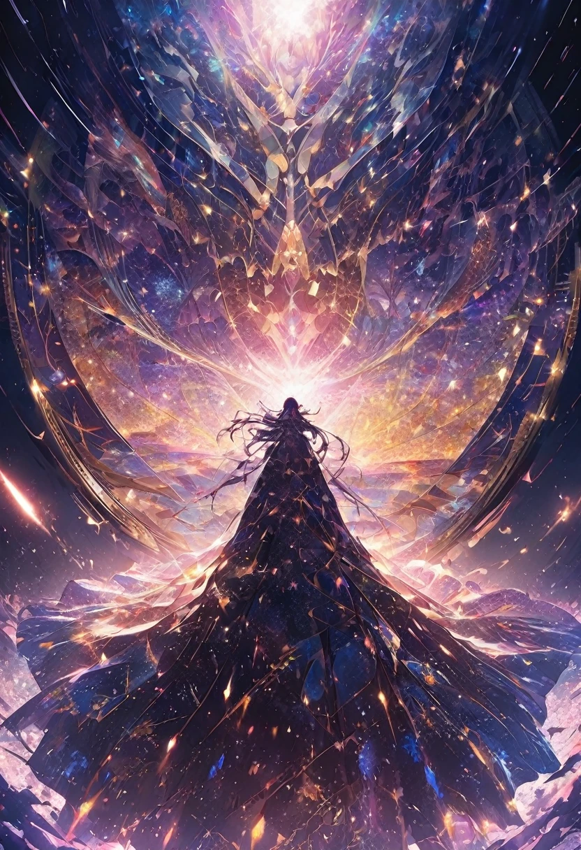 In the midst of swirling cosmic dust, a group of hooded figures perform a galactic surreal ancient ritual in a minimalist cinematic photograph. The main subject, a figure in a vibrant, glowing robe, stands at the center, arms raised to the star-studded sky. The image, a breathtaking photograph, captures the ethereal scene in crisp detail, highlighting the intricate patterns of the robes and the shimmering cosmic backdrop. Every element is rendered with exquisite precision, creating a mesmerizing and otherworldly atmosphere that draws the viewer in. anime , anime girl.