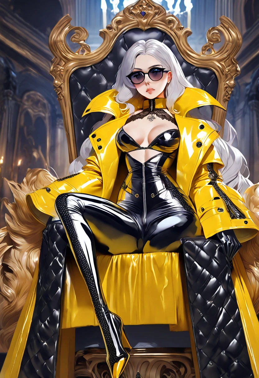 ((Super realistic details)) Shadow、octan render、8K、ultrasharp、Steampunk Body、Details of complex ornaments、cold color、Gothloli details、highly intricate detail、Realistic light、CGSoation Trends, radiant eyes featuring a stylish and confident evil dominatrix queen, she has an arrogant look .modern fashion. dressed in bold and fashionable all yellow rubber outfits, showcasing a unique combination of elegance and strength. attire includes sleek, form-fitting dressed and bodysuit made of shiny materials, paired with oversize long latex coat that have (((dramatic high collar of coat))), (((high collar of coat))) (((very high and wide collar of coat))), (((collarbone))) and intricate patterns. The colors and designs vary, featuring a long coat with patterned latex coat. outfit is accentuated with latex boots and latex gloves, sunglasses, emphasizing her commanding and poised presence. Highlight her modern, daring fashion sense and her ability to dominate any space with her fashionable and assertive demeanor, sexy pose Sit with your legs apart, Leg spread, on (( throne in palace)), nudity. Surrounded by sex slaves