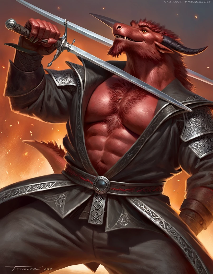 Anthropomorphic dragon boasts a "soft beefy" physique. The "soft" aspect of his physique is achieved through a meticulous distribution of muscle and fat that creates a sense of comfort and approachability. skin is a rich, deep black, with a subtle shimmer that hints at his hidden nobility. His eyes are a piercing shade of Imperial red, framed by thick eyebrows that arch over them in a constant state of curiosity. His attire, a black gambeson padded overcoat vestment with striking red salmon accents and intricate silver metal ornaments, is both functional and symbolic. The gambeson, a padded garment, is tailored to allow for a full range of motion, emphasizing his agility despite his size. The armor's design is meticulously crafted, with each detail serving a purpose. The imperial red accents trace the contours of his muscles, highlighting his physical power and determination. The silver metal ornaments are strategically placed to protect vital areas while also enhancing his aesthetic appeal. Leox's fur is predominantly black with salmon red-colored highlights. The fur on his torso and limbs is dense yet well-managed, giving him a sleek and powerful look. His chest hair is kept at a moderate length, framing his broad pectoral muscles. Large axe like fangs. Wield a slashing blade in a rapier-like's hilt. Ox guard stance pose. Detailed illumination, shadows and details in all the art. Highly inspired Taran Fiddler art Style