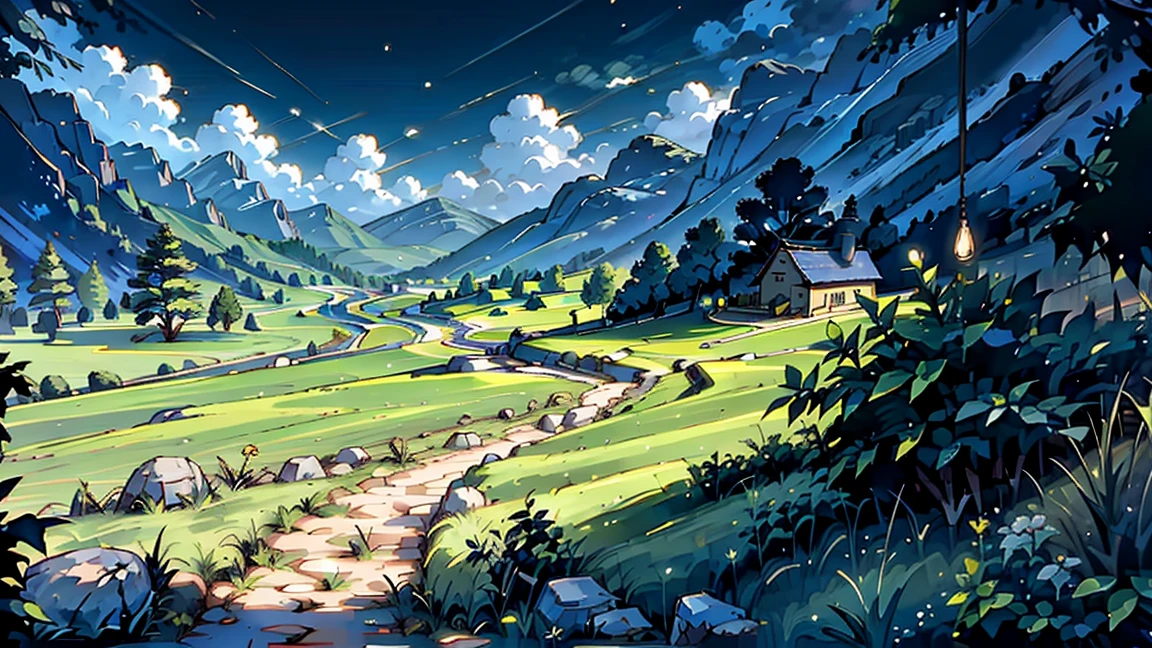 very beautiful landscape, extremely detailed, extremely detailed show of a mysterious place; in the foreground the mountain trail with bright green grass