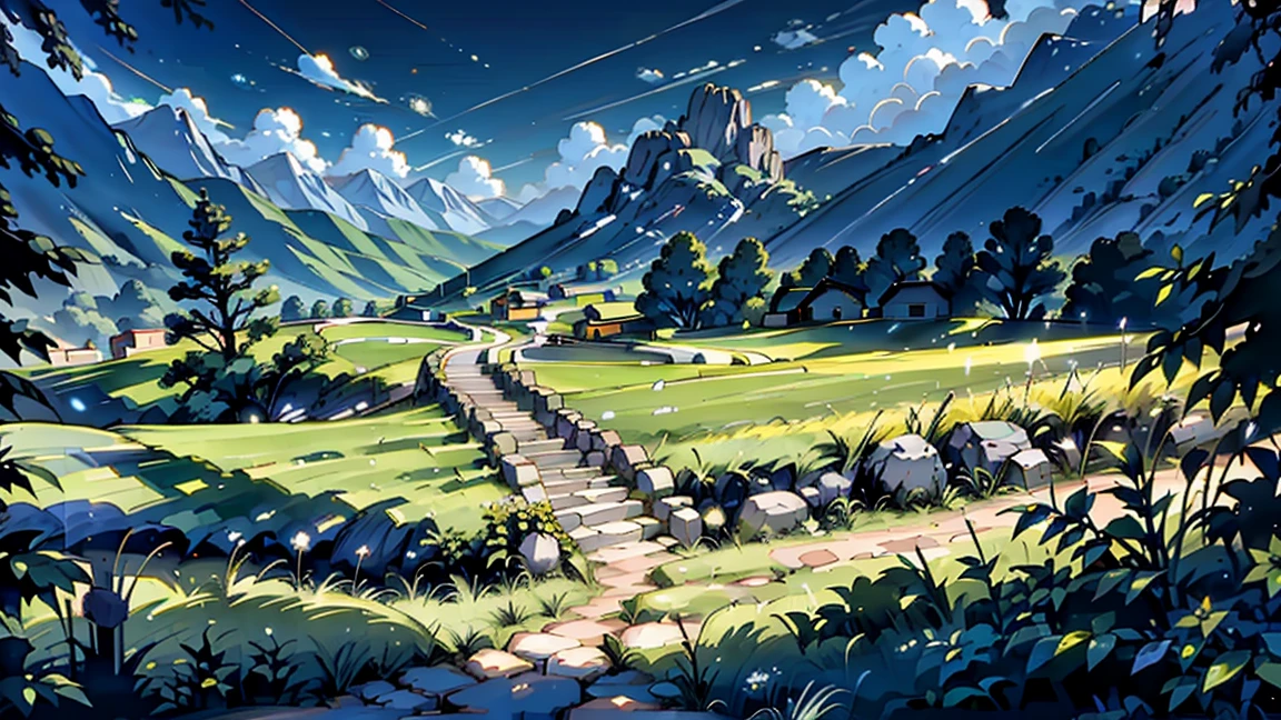 very beautiful landscape, extremely detailed, extremely detailed show of a mysterious place; in the foreground the mountain trail with bright green grass