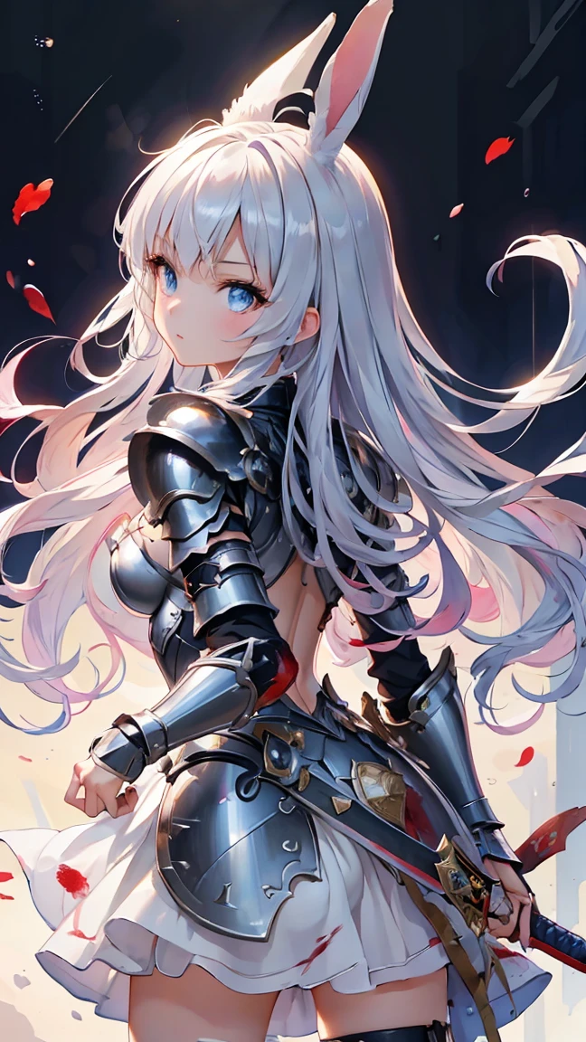 anime style, masterpiece, accurate, textured skin, high quality, best quality, highres, high details, super detail, rabbit ears, silver hair, bangs, perfect eyes, cleavage, soft light, high quality, 4k resolution, (Western knight with sword and shield), (steel armor), war, be covered in blood, from back