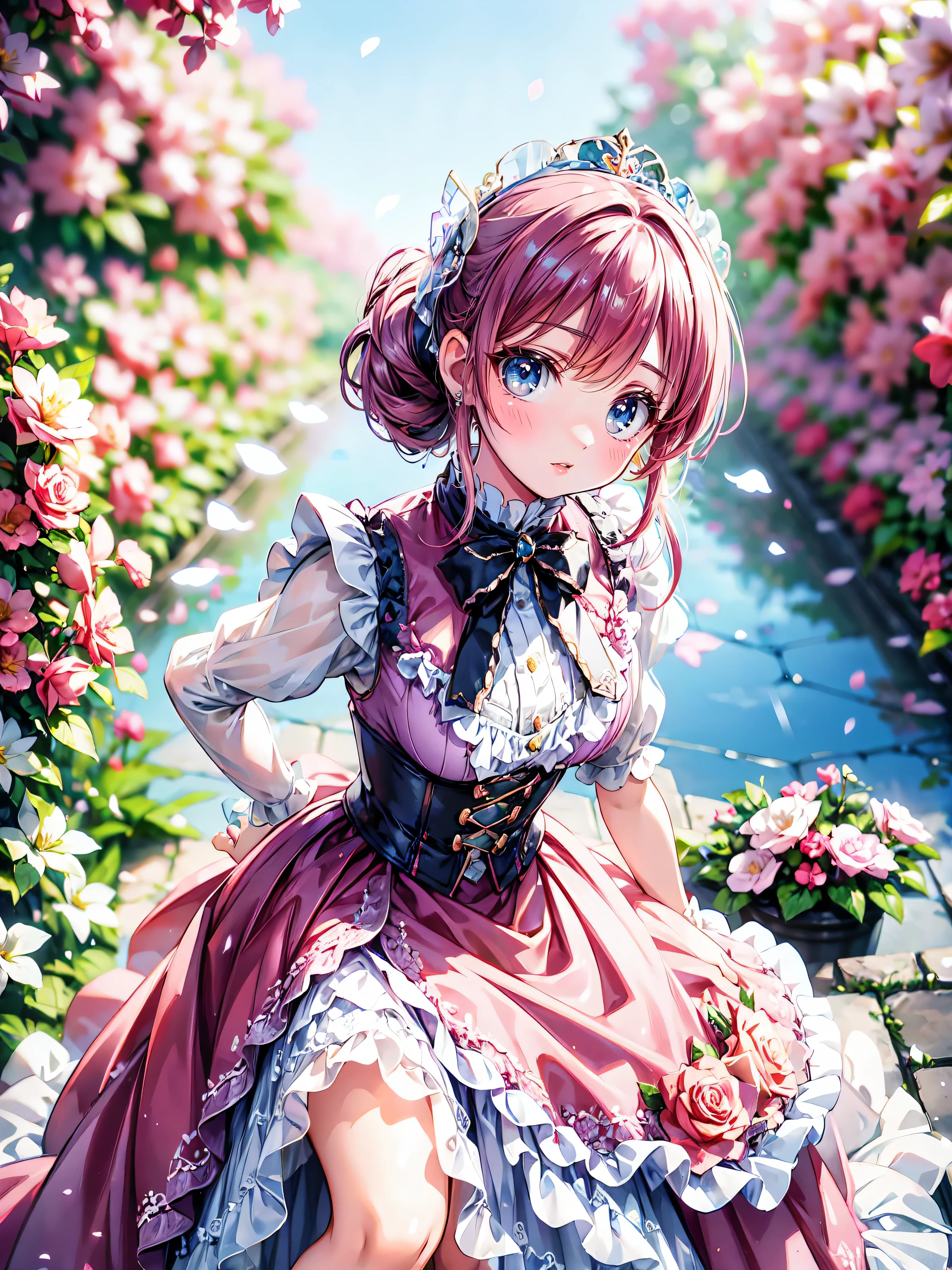 ((Masterpiece, ultra detailed, exquisite quality)), (anime moe art style:1.2), (((young face solo princess))), (incredibly cute rococo victorian gown with long hems, voluminous princess style skirt, elaborate lace gown:1.5), (huge breasts), breasts cleavage, breasts focus, ((hair pink hair)), ((fluffy long Expressive ponytail)), (leaning forward, looking up, from above, front view, facing at viewer:2), kawaii face, head tilt, shy smile, (face focus, eyes focus, blurry background, depth of field:2), (isometric 3D, octane render, ray tracing:1.5), cinematic shadows, backlighting, particle effect, (hyper detail delicate eyes, hyper beautiful eyes), (eyes blue eyes), (lot's of colorful flowers, sparkling glass classic greenhouse:1.5),