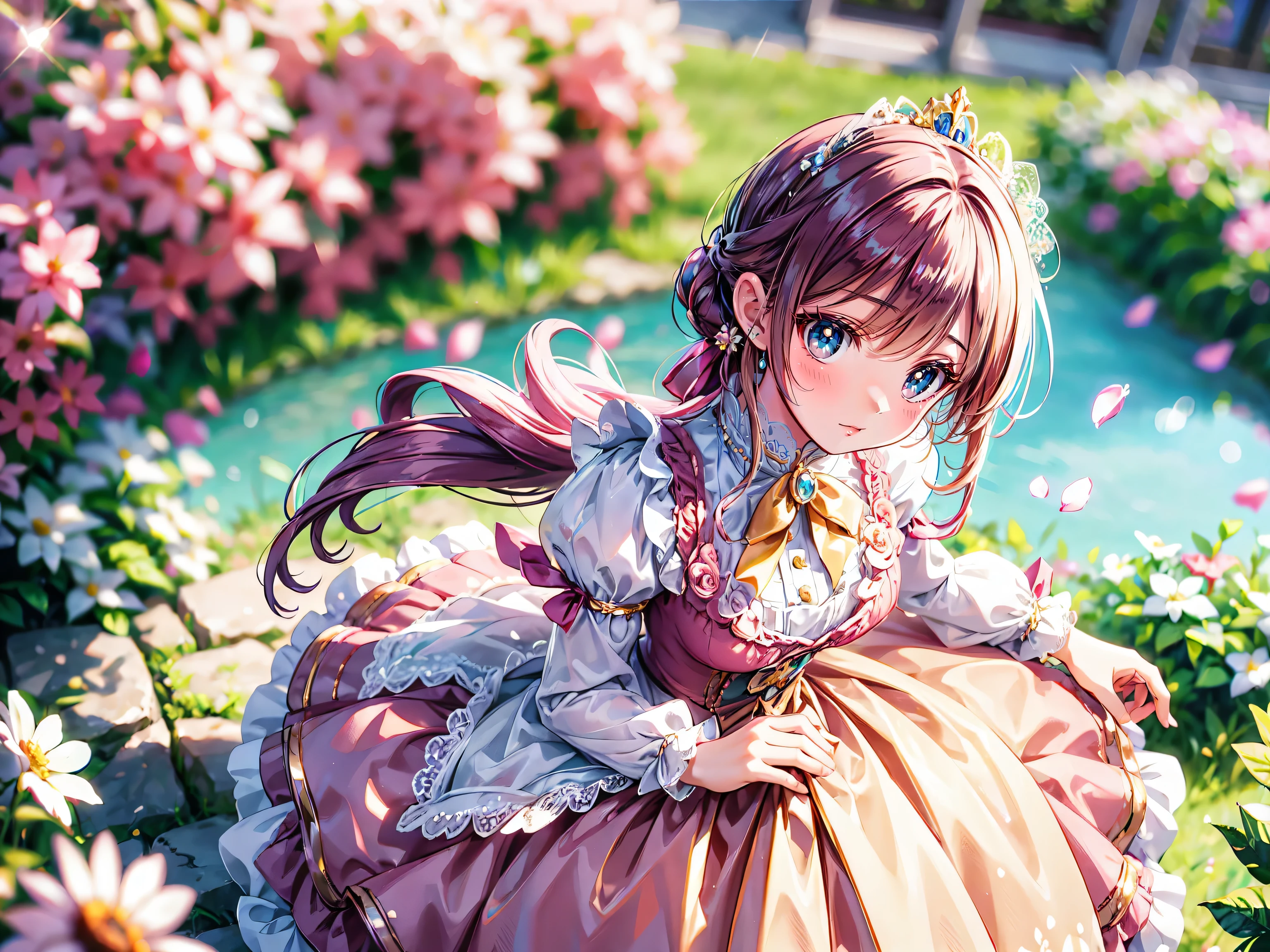 ((Masterpiece, ultra detailed, exquisite quality)), (anime moe art style:1.2), (((young face solo princess))), (incredibly cute rococo victorian gown with long hems, voluminous princess style skirt, elaborate lace gown:1.5), (huge breasts), breasts cleavage, breasts focus, ((hair pink hair)), ((fluffy long Expressive ponytail)), (leaning forward, looking up, from above, front view, facing at viewer:2), kawaii face, head tilt, shy smile, (face focus, eyes focus, blurry background, depth of field:2), (isometric 3D, octane render, ray tracing:1.5), cinematic shadows, backlighting, particle effect, (hyper detail delicate eyes, hyper beautiful eyes), (eyes blue eyes), (lot's of colorful flowers, sparkling glass classic greenhouse:1.5),