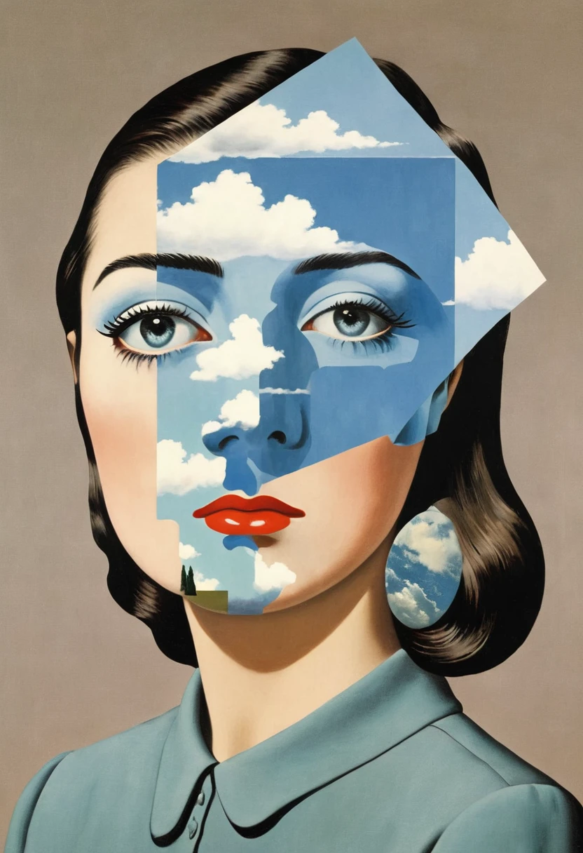 René Magritte，有一张女人脸的Collage画，There are many different things on the face，Geometric Dislocation，Collage，Artistic sense，Painting，paint，Simple，