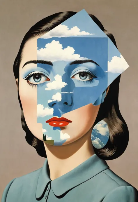 rené magritte，有一张女人脸的collage画，there are many different things on the face，geometric dislocation，collage，artistic sense，painting，...