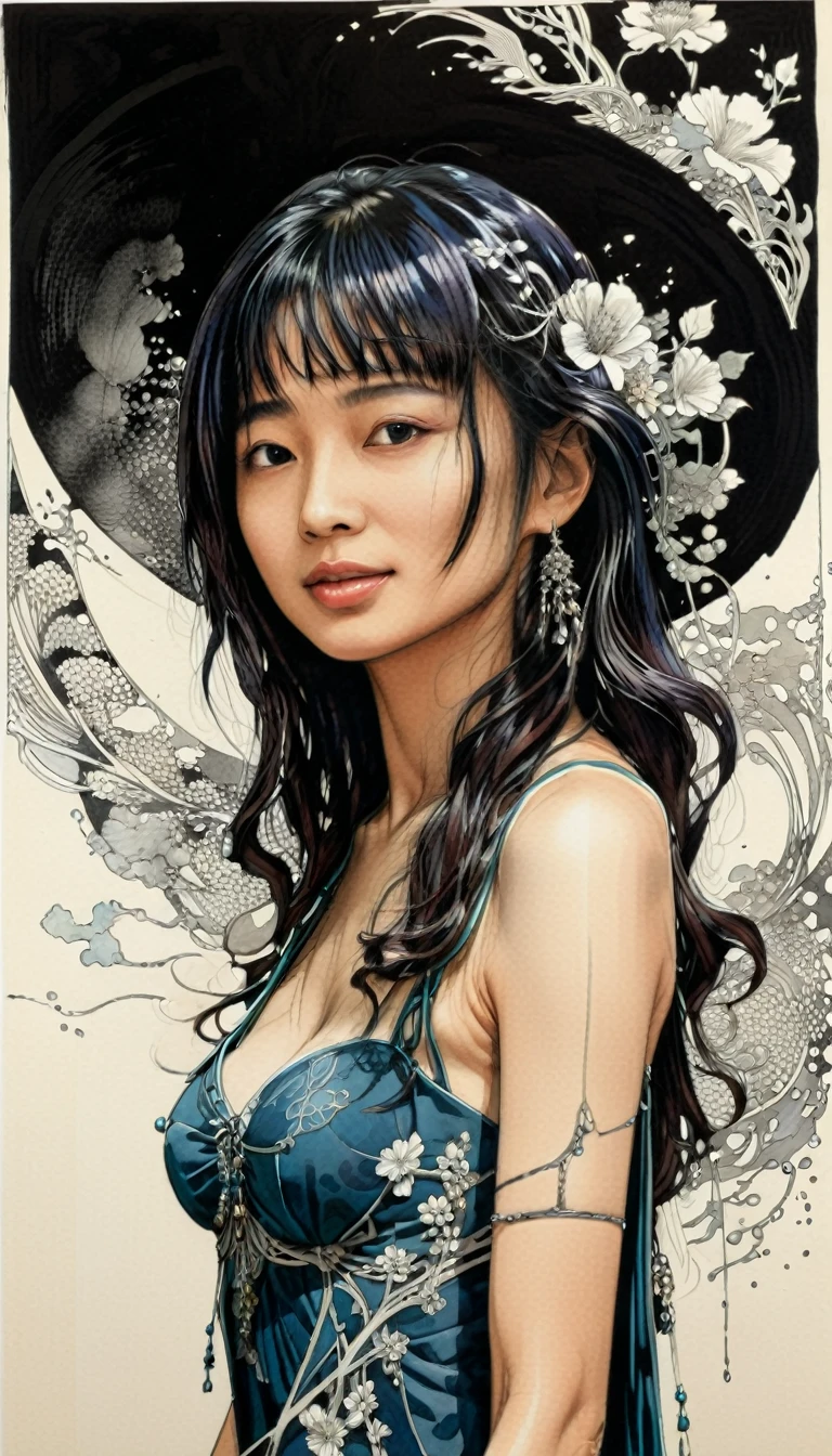 Japanese woman immersed in a joyous moment, intricate line work, art nouveau elements, crosshatching to create dynamic texture, strong contrasts, monochromatic ink technique, inspired by SERGIO TOPPI, dramatic lighting, ultra fine, highly detailed.