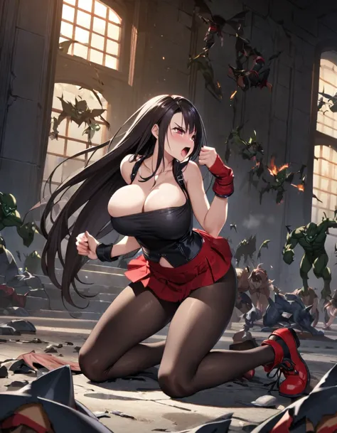 final fantasy 7 tifa lockhart　　indoor at night、wearing black pantyhose　wearing a mini skirt、wearing black clothing、big breasts、s...